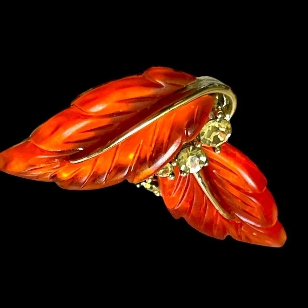 Vintage 1960’s Lisner Vibrant Orange Transparent  Leaf & Rhinestone Earrings